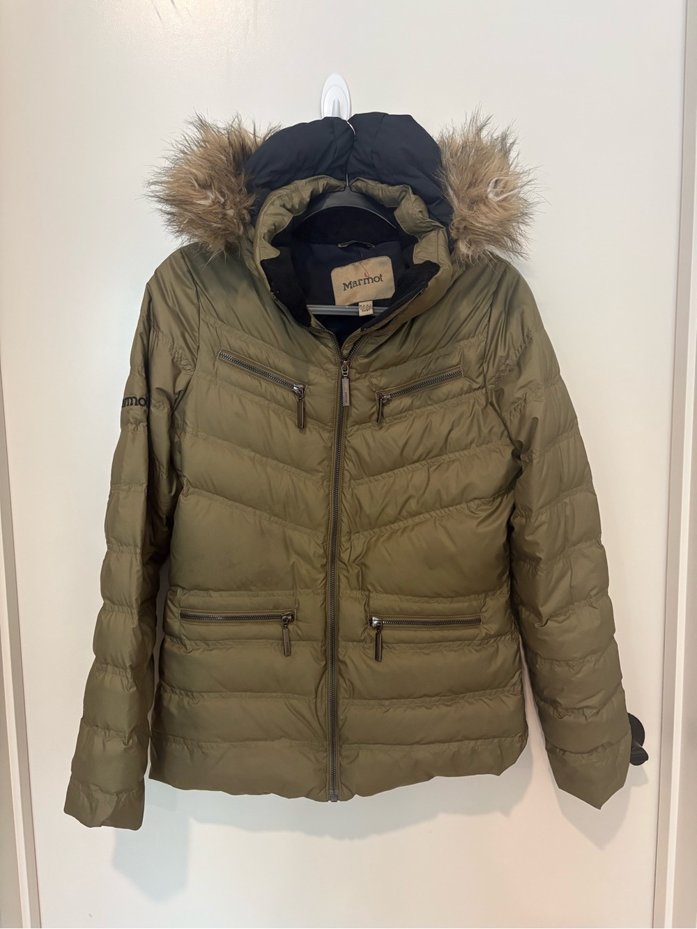 Marmot Olive Green Down Puffer 650 Fill Jacket Coat Removable Faux Fur Hood